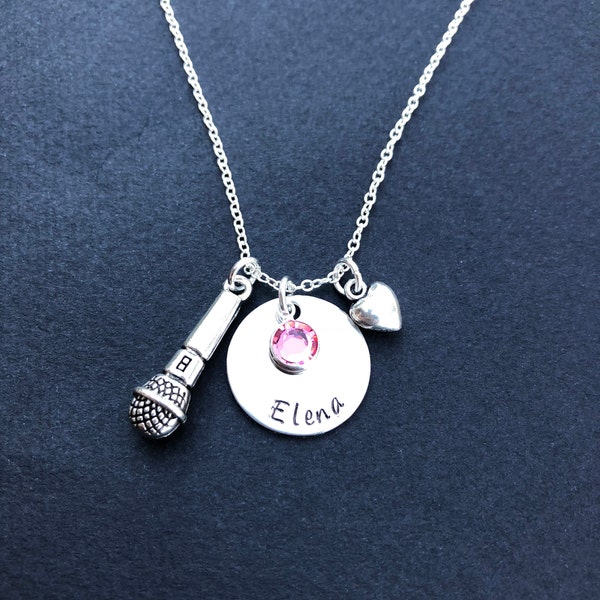 Personalized singing necklace - singer necklace with birthstone - gift for singer - stainless steel necklace for singer - microphone charm