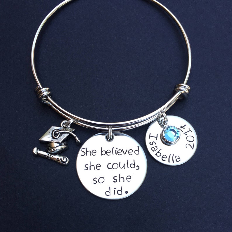 Graduation Gift Expandable Wire so she did She believed she could Motivational Message. Hand Stamped Bracelet Graduation Bracelet
