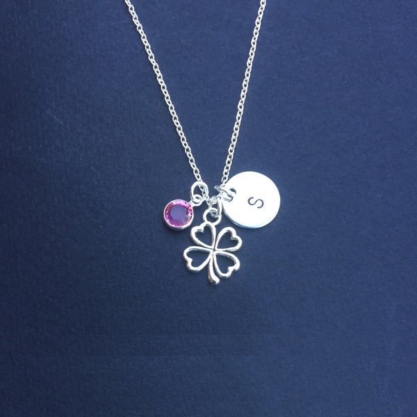 Shamrock necklace, Four Leaf Clover, lucky charm, 4 leaf, initial necklace, Clover Flower Jewelry, Irish Lucky Gift, Clover Birthday Gift