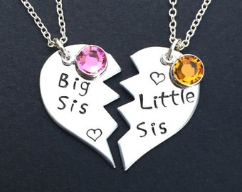 Big Sis Little Sis Necklace set - Broken Heart - Broken Heart Necklace Set - Hand Stamped Sister Jewelry - Gift for Little or Big Sister
