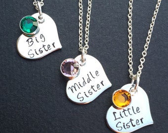 3 sisters necklace - Set of 3 Necklaces with birthstones - Heart Necklace Set - Sisters Necklace Set - big sister, middle sister, little sis