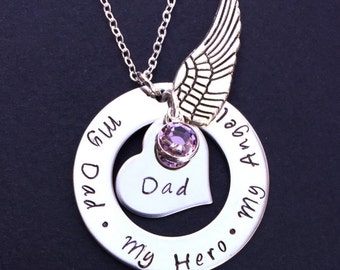 My Dad My Hero My Angel - Loss of loved one - Personalized Stainless Steel Memorial Necklace with Heart, Antique Silver Wing & Birthstone.