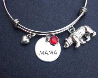 Mama Bear Bracelet - Mother's Day Gift - Bear Charm - Mother Bangle - Birthstone Bracelet - Personalized Mother Gift -Hand Stamped Jewelry