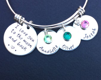 Personalized I Love You To The Moon And Back Bracelet - Hand Stamped Jewelry - Wire Bangle - Kids Names - Moon & Back Bangle- Mother Jewelry