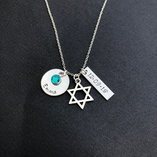 Personalized Star of David Necklace - Bat Mitzvah Necklace with Name, Date & Birthstone - Personalized Bat Mitzvah Necklace-Bat Mitzvah Gift