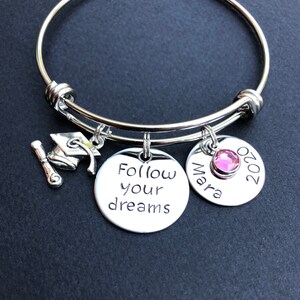 Personlized Graduation Gift - Follow your dreams - Graduation Bracelet - Expandable Wire - Hand Stamped Bracelet - Motivational Message