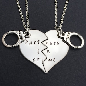 Partners In Crime Necklace set - Hand Stamped Necklaces - Matching Best Friends Set - BFF necklaces - Besties - Heart necklaces Split in Two