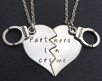 Partners In Crime Necklace set - Hand Stamped Necklaces - Matching Best Friends Set - BFF necklaces - Besties - Heart necklaces Split in Two
