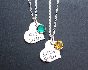 2 sisters necklace - Set of 2 Necklaces with birthstone - Heart Necklace Set - Sisters Necklace Set - big sister-little sister - Sister gift