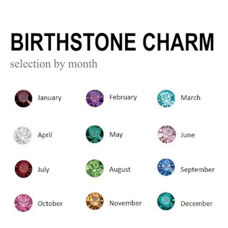 May include: A chart showing birthstones for each month of the year. The chart shows a small round gemstone for each month, with the month name written below each gemstone. The gemstones are: Garnet, Amethyst, Aquamarine, Diamond, Emerald, Alexandrite, Ruby, Peridot, Sapphire, Opal, Topaz, and Tanzanite.