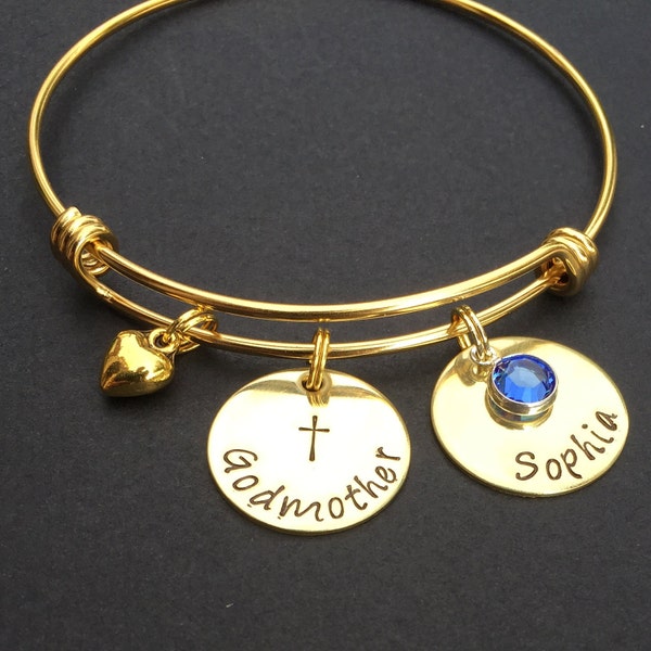 Godmother Gift- Godmother Jewelry- Hand Stamped Jewelry- Bangle- Godmother Bracelet- Godparent- Christening- Baptism- Confirmation- Mom Gift