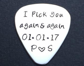 Grooms gift from Bride, Gift for Fiance, Hand stamped guitar pick, Bride to groom gift, Personalized Musician Gift, I pick you