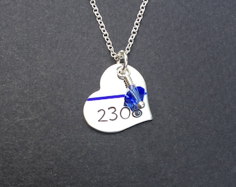Thin blue line jewelry, police officer gifts, police wife necklace, Badge Number heart, Hand stamped, Blue Life Matters, My Hero Necklace