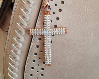 Beaded Cross Purse Accessory Zipper Charm Stocking Stuffer Peyote Stitch Rose Gold/White Beads