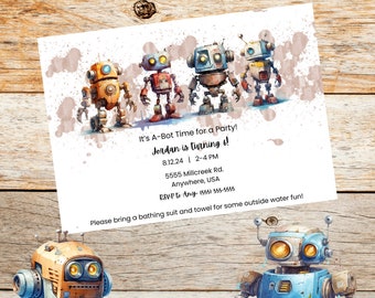 Robot Birthday Part Invitation, A-Bot time for a party, kids birthday, editable template, instant download