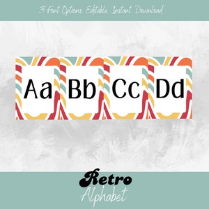 Retro Alphabet Posters, Classroom Alphabet, Editable Template, Instant Download