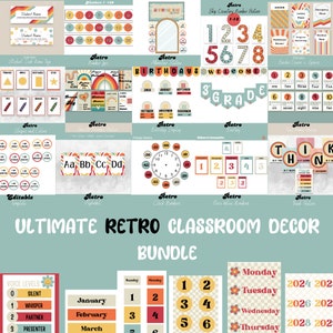 Retro Classroom Decor Bundle, Classroom Management Bundle, Instant Download, Editable Templates