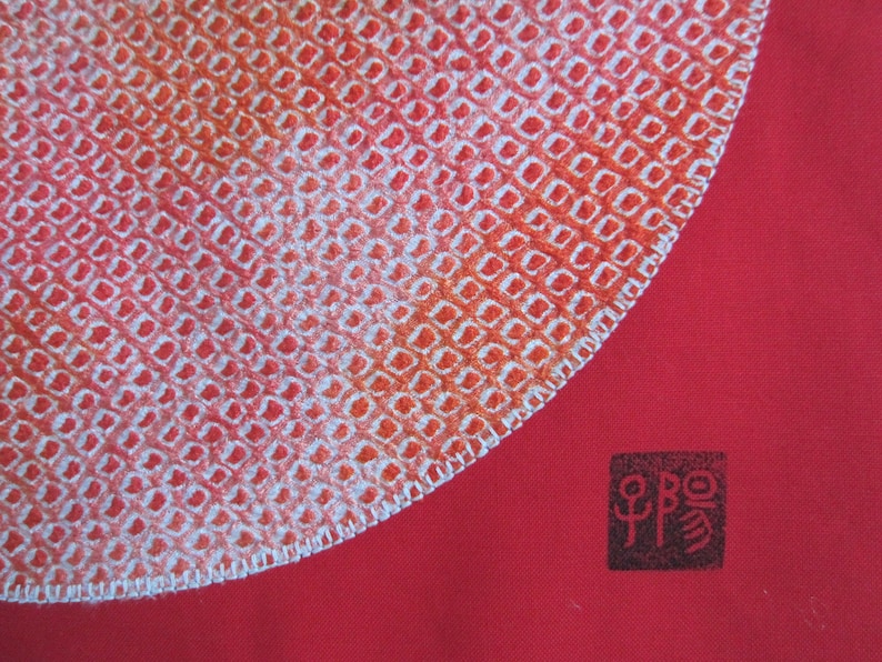Red cotton tote bag with vintage silk shibori kimono applique
