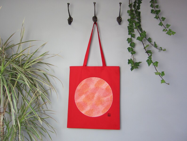 Red cotton tote bag with vintage silk shibori kimono applique