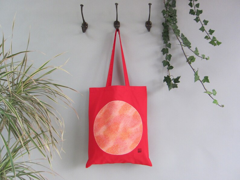 Red cotton tote bag with vintage silk shibori kimono applique