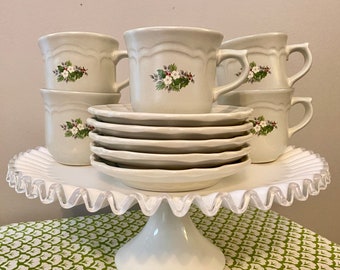 Set of 5 Vintage Pfaltzgraff Christmas Heirloom Cup and Saucer Sets