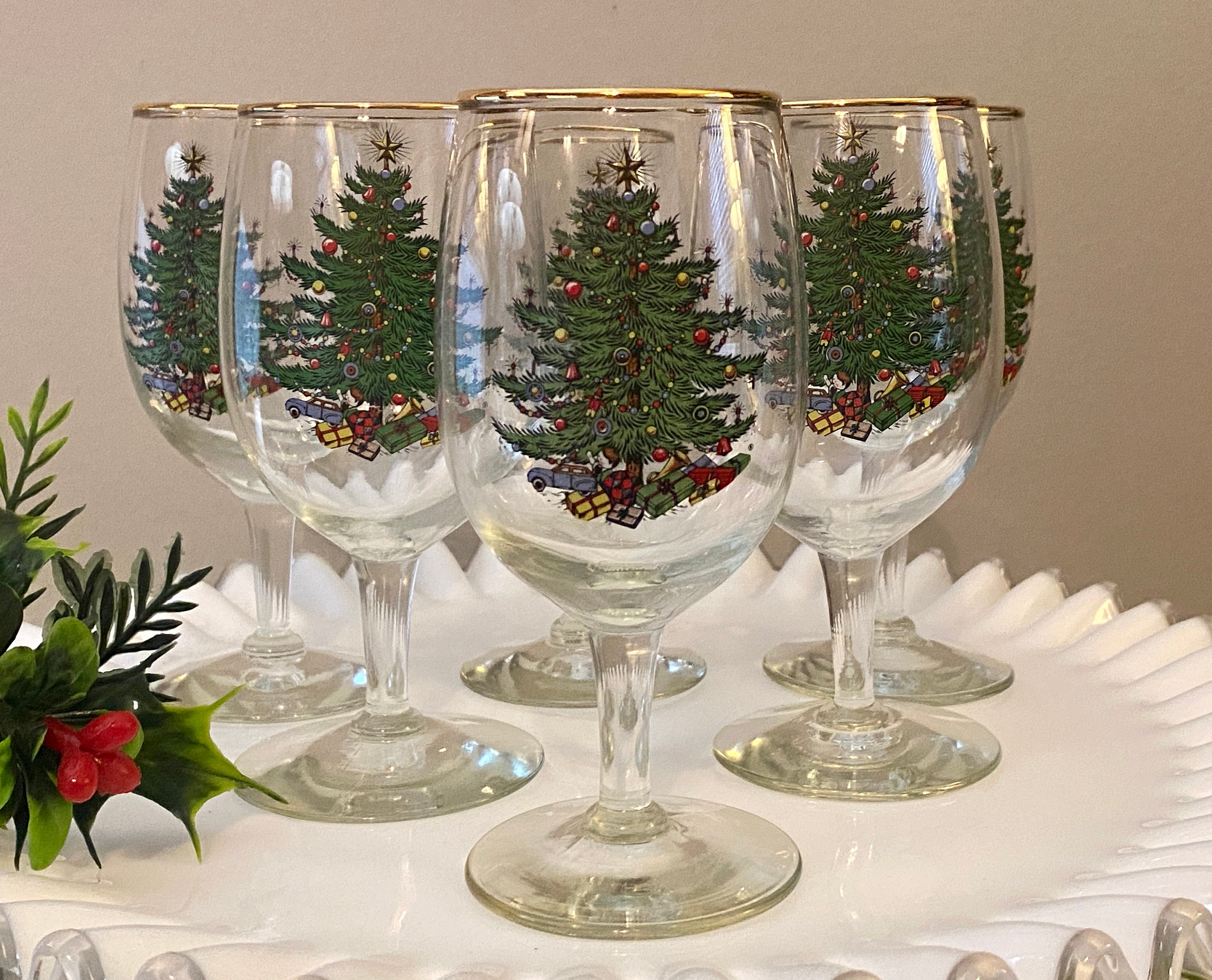 Spode 16 Oz Stemless Wine Glass Christmas Tree Set of 2 Gold Rim EUC for  sale online