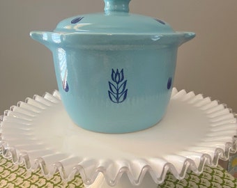 Vintage Cronin Blue Tulip Bean Pot with Lid, Cameron Clay, USA