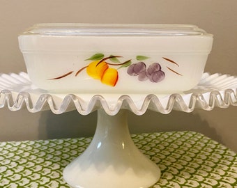 Vintage Fire King Gay Fad Large Rectangular Refrigerator Dish with Lid, Hand Painted Fruit