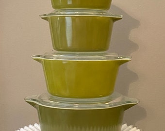 Vintage Pyrex Complete Set of 5 Verde Green Casserole Dishes with Lids, 471, 472, 473, 474, 475, Springtime, St. Patrick's Day