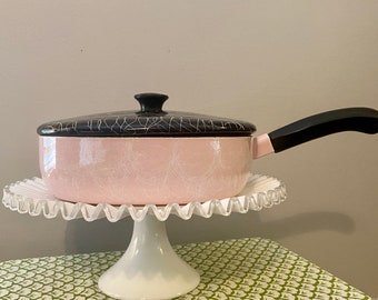 Vintage Mid Century Chromoveil  Serendipity 10" Pink Spaghetti Drizzle Fry Pan with Black Lid by Melmade