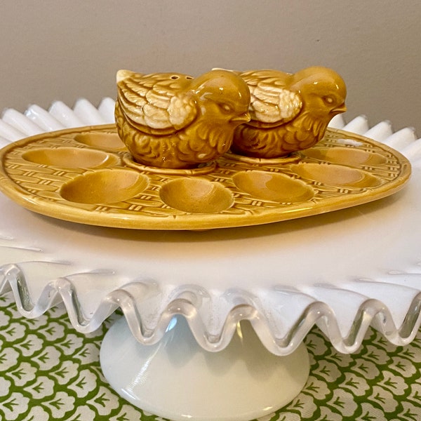 Vintage Golden Yellow Ceramic Oval Deviled Egg Tray with Bird Salt and Pepper Shakers - Easter Egg Plate