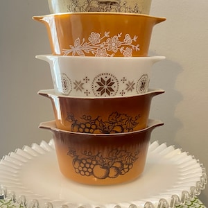 Vintage Pyrex Round Casserole: Forest Fancies, Town & Country, Butterfly Gold, Old Orchard - No Lids