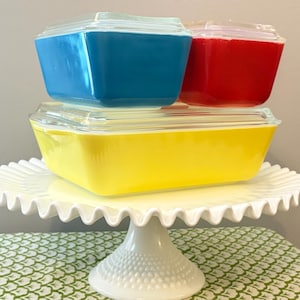 Vintage Pyrex Complete Primary 8 Piece Set Refrigerator/Oven Dishes - 503 502 2/501s  Pyrex Yellow Blue & Red Leftover Food Storage Dishes