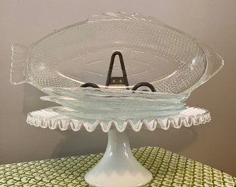 Vintage Glasbake Large Clear Glass Fish Dish/Platter for Baking and/or Serving 18" /  Includes 3 Individual Fish Dishes