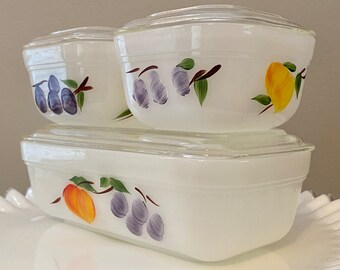 Set of 3 Vintage Fire King Gay Fad Fruit Refrigerator Dishes with Lids
