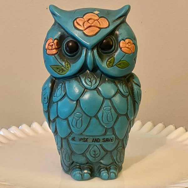 Vintage Blue Ceramic Owl Figural Coin Bank - "Be Wise and Save"