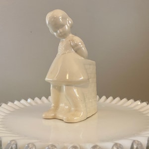 Vintage White Planter / Young Girl Leaning on Basket**