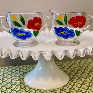Vintage Bartlett Collings Gay Fad Hand Painted Red and Blue Floral Glass Sugar Bowl and Creamer Pitcher - Gift for Coffee or Tea Drinker