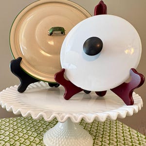 CHOICE - Vintage Beige Enamel 9.75" Pot Lid with Green Trim OR White Enamel 6.5" Lid Black Knob