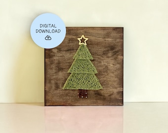 May include: A green string art Christmas tree with a gold star on top, mounted on a brown wooden background.