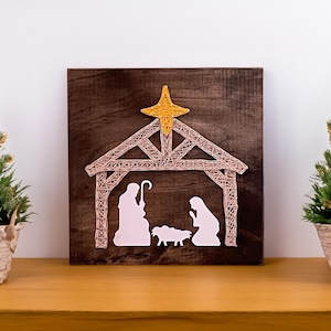 Nativity String Art – 7" Wooden Sign – Christmas Holiday Decor – Christian Gift