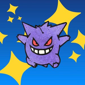 May include: A purple Gengar character patch with a textured surface, featuring red eyes and a wide white grin with teeth. The character has pointed ears and spikes, outlined in black, set against a blue background with yellow four-pointed stars.