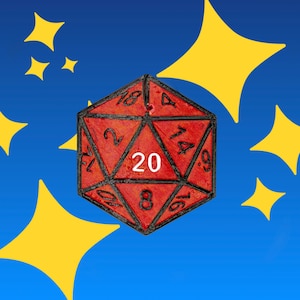 May include: A red twenty-sided die pendant with black edges and black engraved numbers. The number 20 is prominently displayed in white in the center. The die features a small black loop at the top for hanging, set against a blue background.