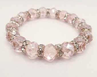 Pink Czech Glass Sparkle Bracelet with Clear Crystal Rondelle Beads and Reiki
