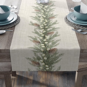 Rustic Farmhouse Christmas Table Runner, Beige Pine Garland Holiday Decor, Neutral Christmas Centerpiece, Winter Home Accent
