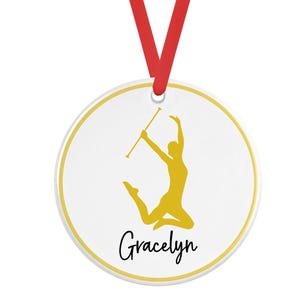 Baton Twirling Stag Jump Girl Yellow Personalized Porcelain Ornament, Baton Twirling Ornament,  Dancer, Dance, Christmas Ornament