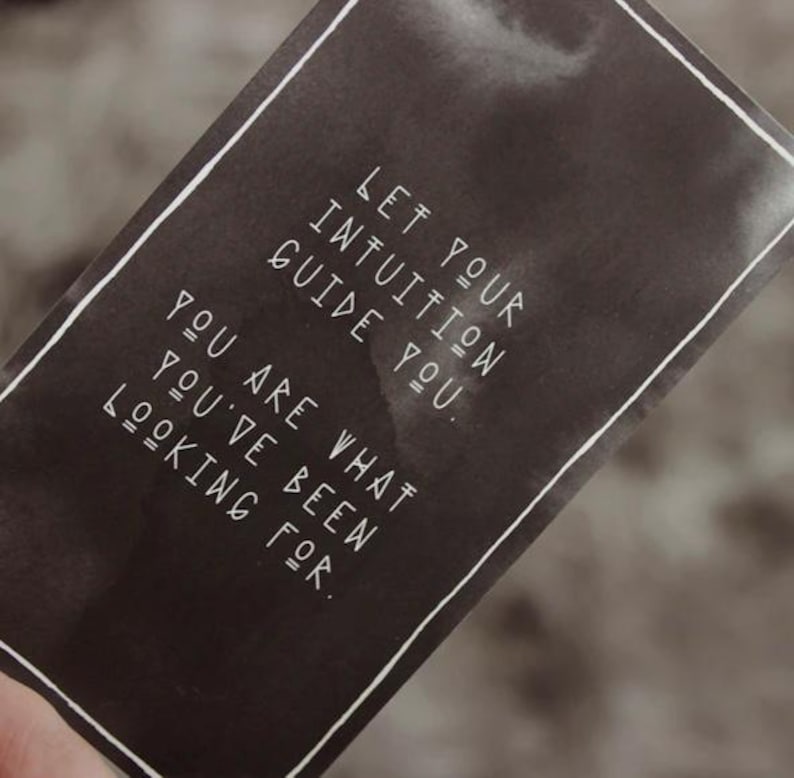 Op de afbeelding: Een zwarte kaart met witte tekst die luidt: "Laat je intu&iuml;tie je leiden. Je bent wat je zocht."