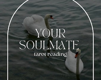 Op de afbeelding: Twee witte zwanen zwemmen in een donkergrijs meer. De tekst "YOUR SOULMATE tarot reading" is over de afbeelding gelegd.