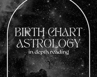 Può includere: Un'immagine in bianco e nero di una galassia con un arco bianco che contiene il testo "BIRTH CHART ASTROLOGY in depth reading".