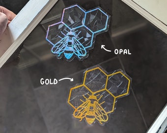 Bee and Honeycomb, Suncatcher Sticker, Iridescent Window Decal, Rainbow Maker, Honeycomb Suncatcher, Bee Suncatcher